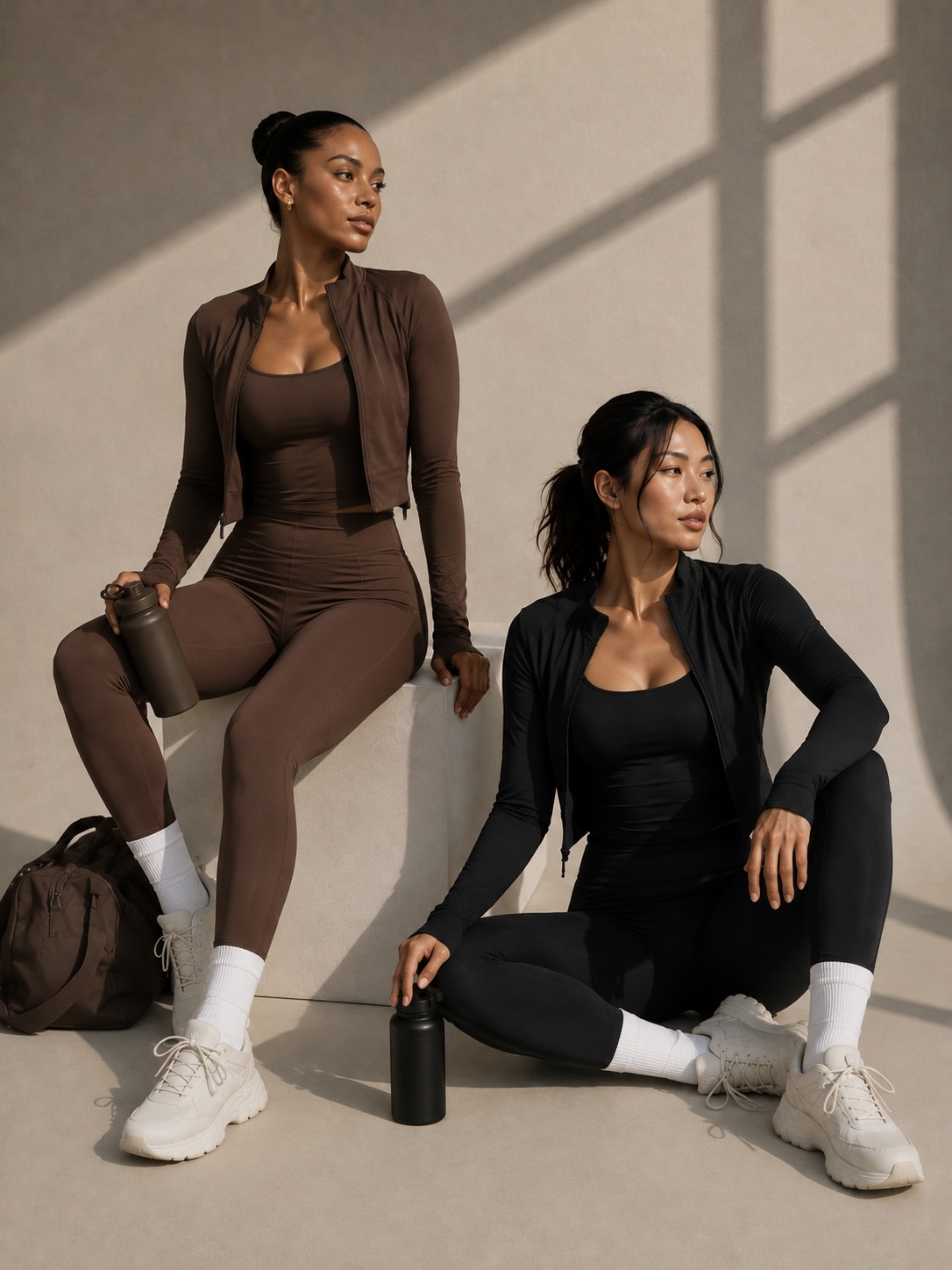 Two women resting after training in OYA Cocoa and Onyx sets