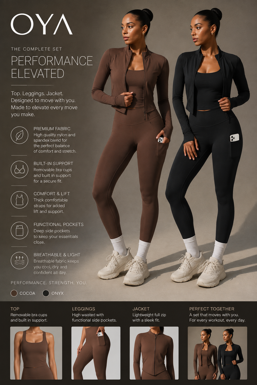 OYA Sculpt Support Tank shown in Cocoa and Onyx