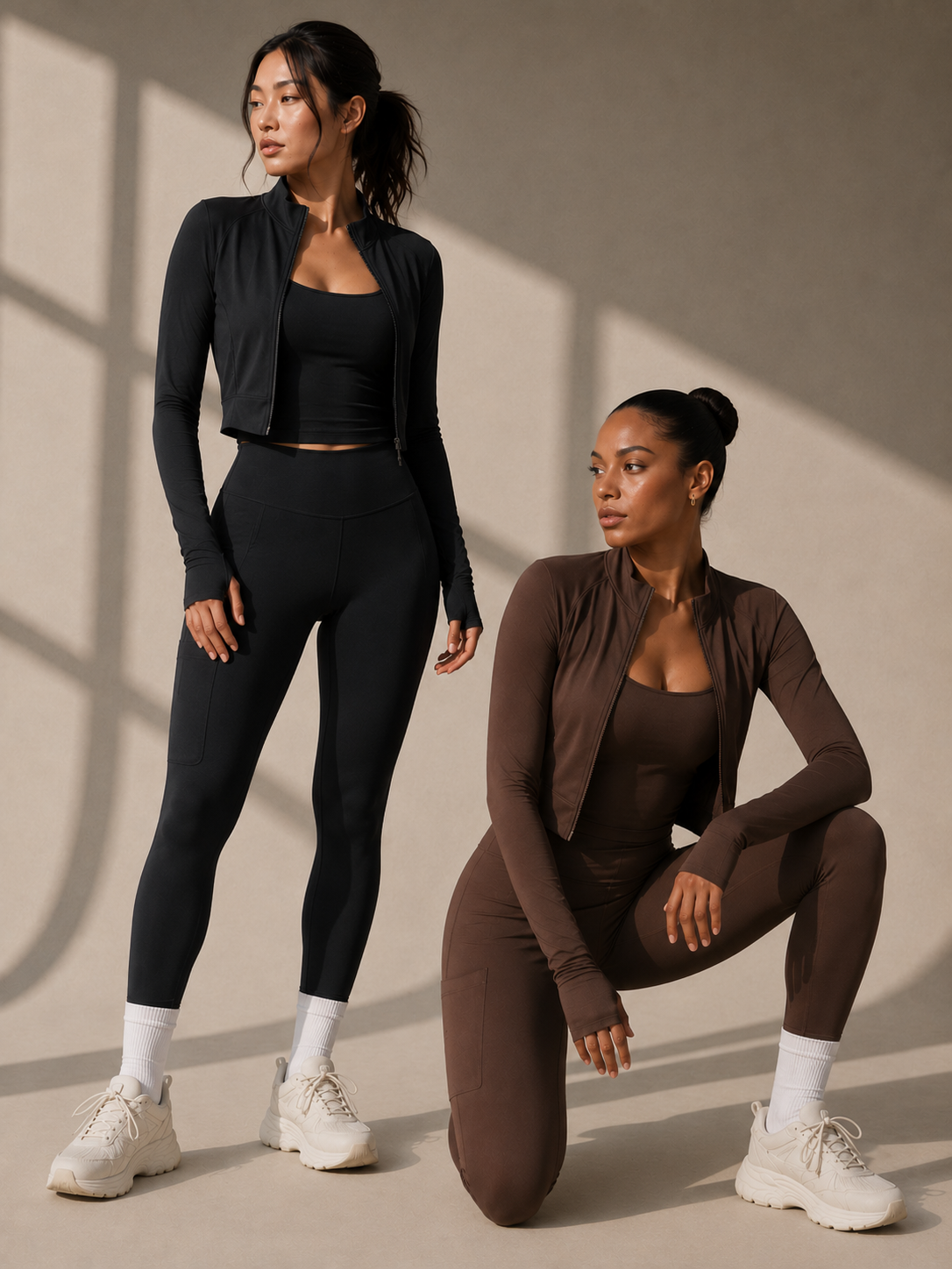 Two women wearing OYA matching sets in Onyx and Cocoa