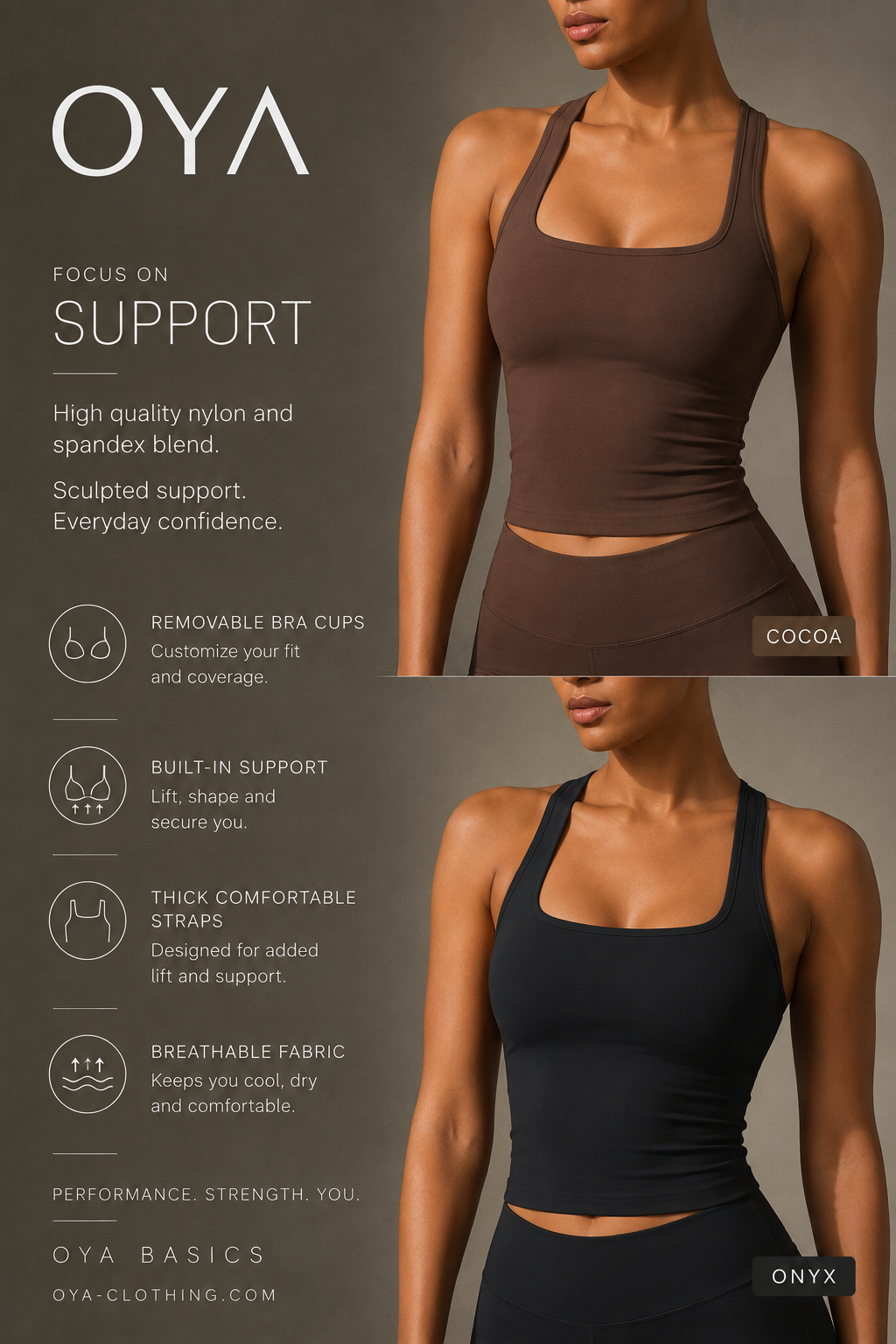 OYA Sculpt Support Tank shown in Cocoa and Onyx