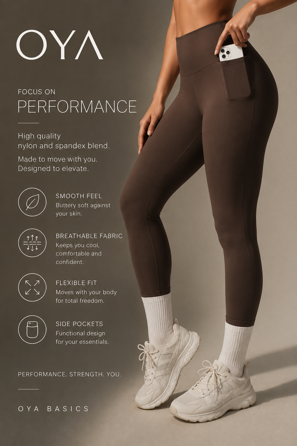 OYA Performance Pocket Legging in Cocoa with functional side pocket